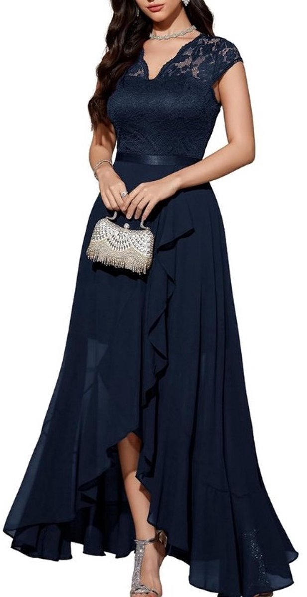 Elegante Avondjurk Bruiloft Chiffon Kant Hi-Lo Feestjurk Lange Gala Jurk