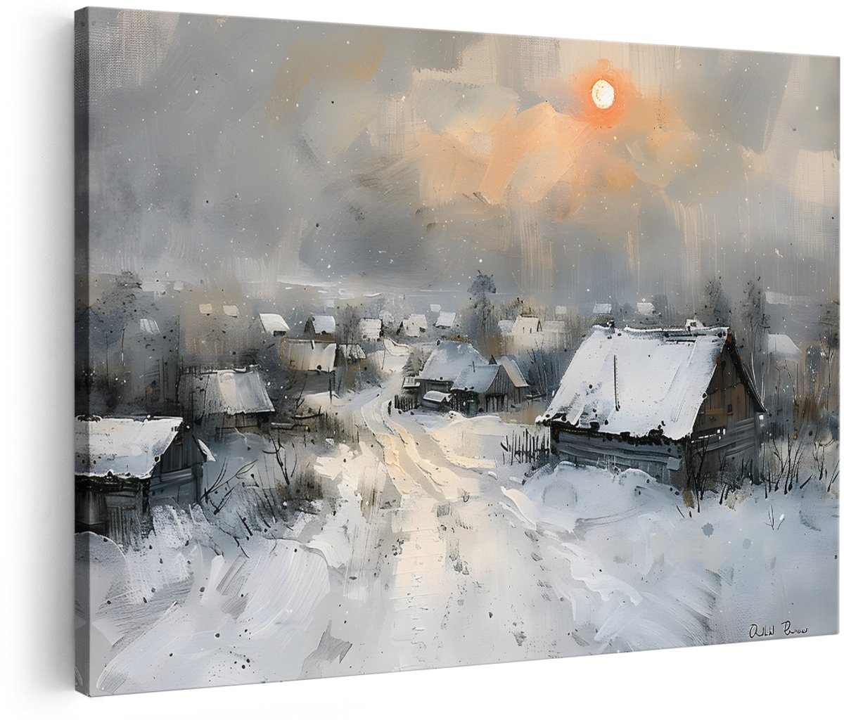 Artaza Canvas Schilderij Winterdorp - 180x120 cm - Groot - Wanddecoratie Landschap - Muurdecoratie Zonsondergang - Schilderijen Natuur Sneeuw