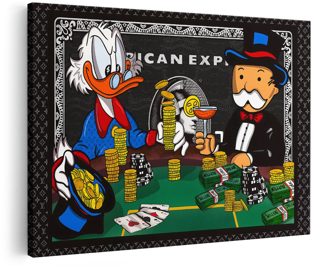 Artaza Canvas Schilderij Dagobert Duck - 180x120 cm - Groot - Wanddecoratie Geld - Muurdecoratie Monopoly Man - Pop Art Poker - Luxe