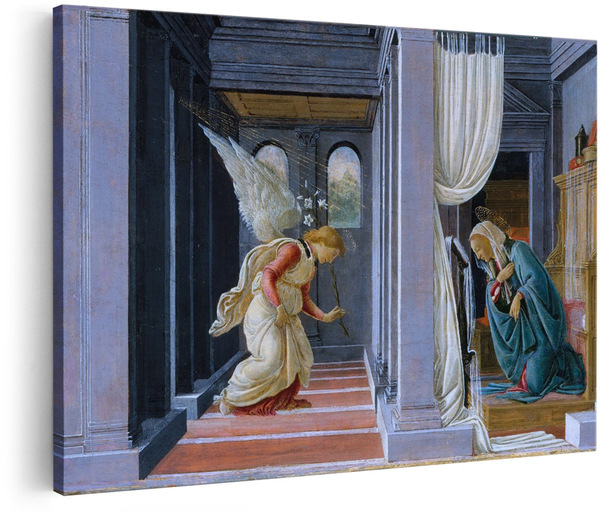 Artaza Canvas Schilderij De Aankondiging Botticelli - 180x120 cm - Groot - Wanddecoratie Maria Engel - Muurdecoratie Renaissance - Religieuze Schilderijen