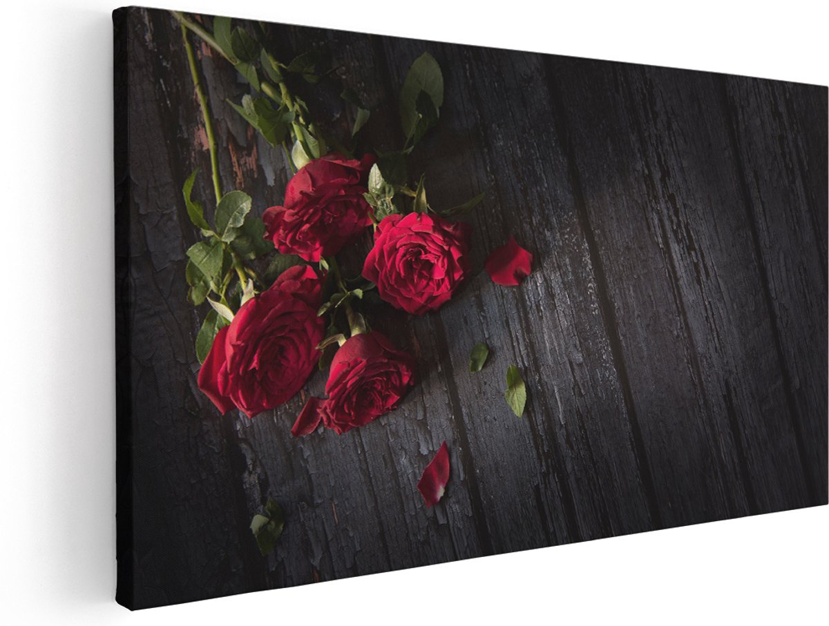 Artaza Canvas Schilderij Rode Rozen Op De Grond - 180x90 cm - Groot - Wanddecoratie Woonkamer - Schilderijen - Muurdecoratie