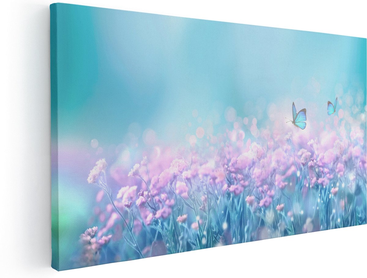 Artaza Canvas Schilderij Twee Blauwe Vlinders Bij Roze Bloemen - 180x90 cm - Groot - Wanddecoratie Woonkamer - Schilderijen - Muurdecoratie
