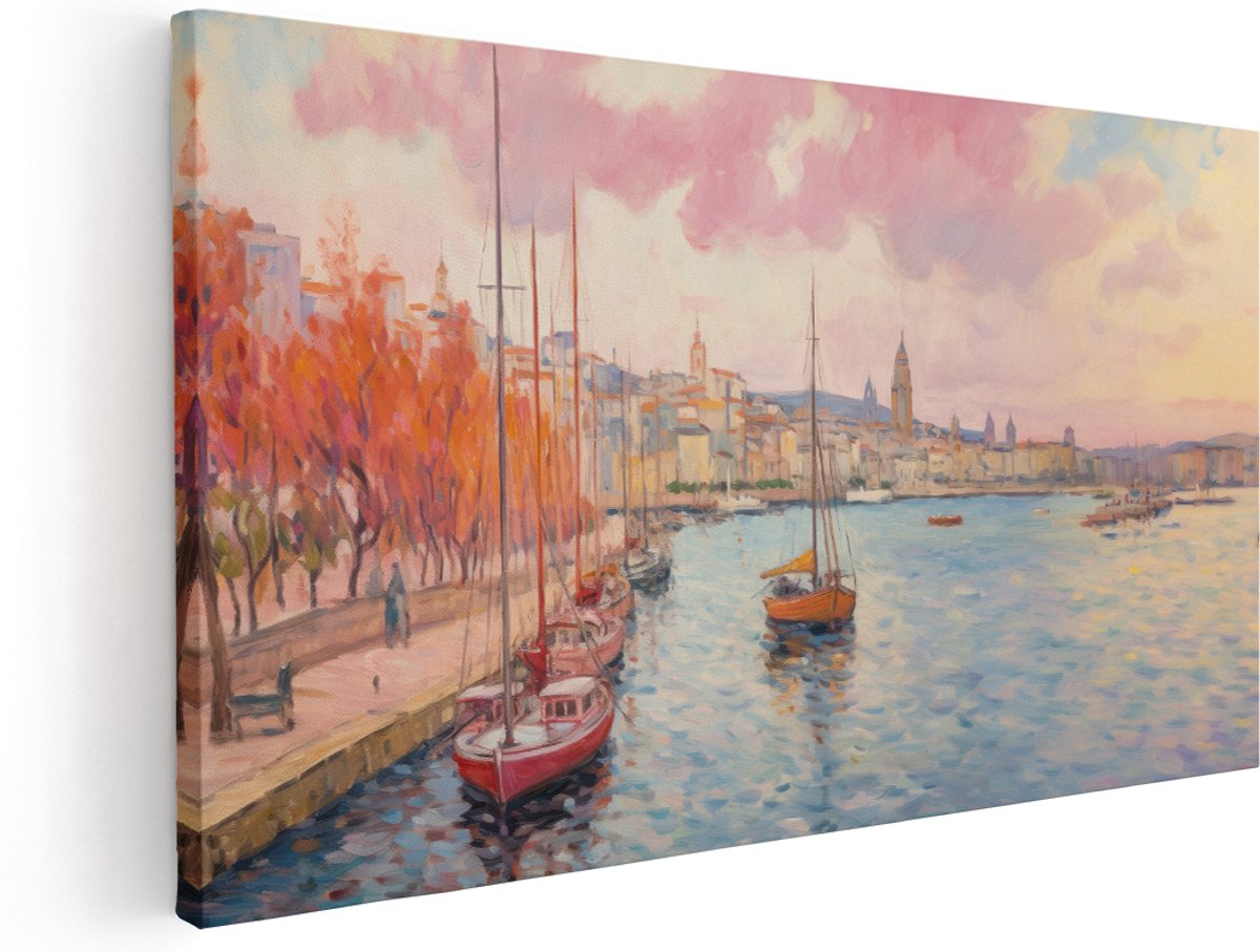 Artaza Canvas Schilderij Landschap - 180x90 cm - Groot - Wanddecoratie Mediterrane Haven - Muurdecoratie Zonsondergang - Schilderijen Op Canvas Zeilboten