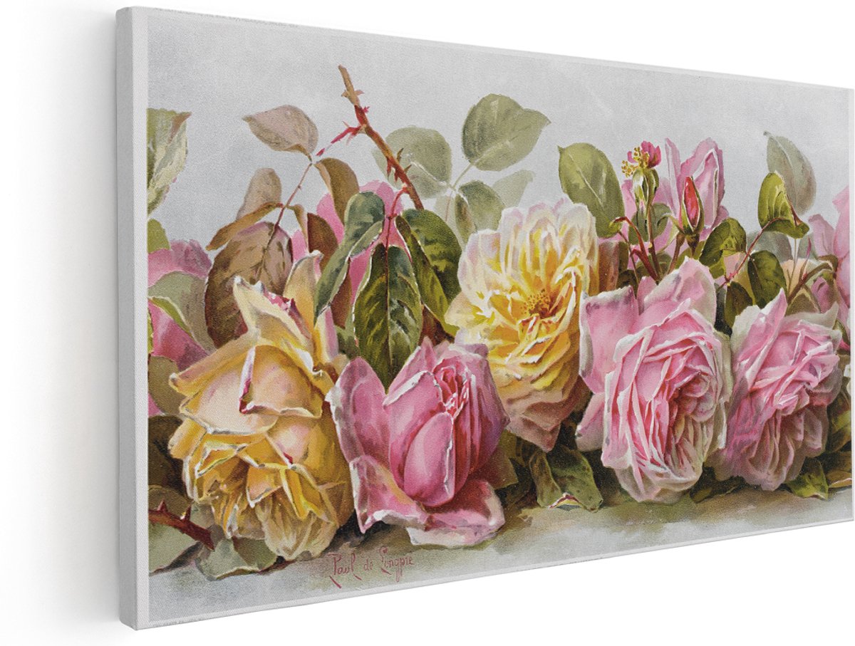 Artaza Canvas Schilderij Rozen - 180x90 cm - Groot - Wanddecoratie Stilleven - Muurdecoratie Bloemen Romantisch - Brocante Decoratie - Roze