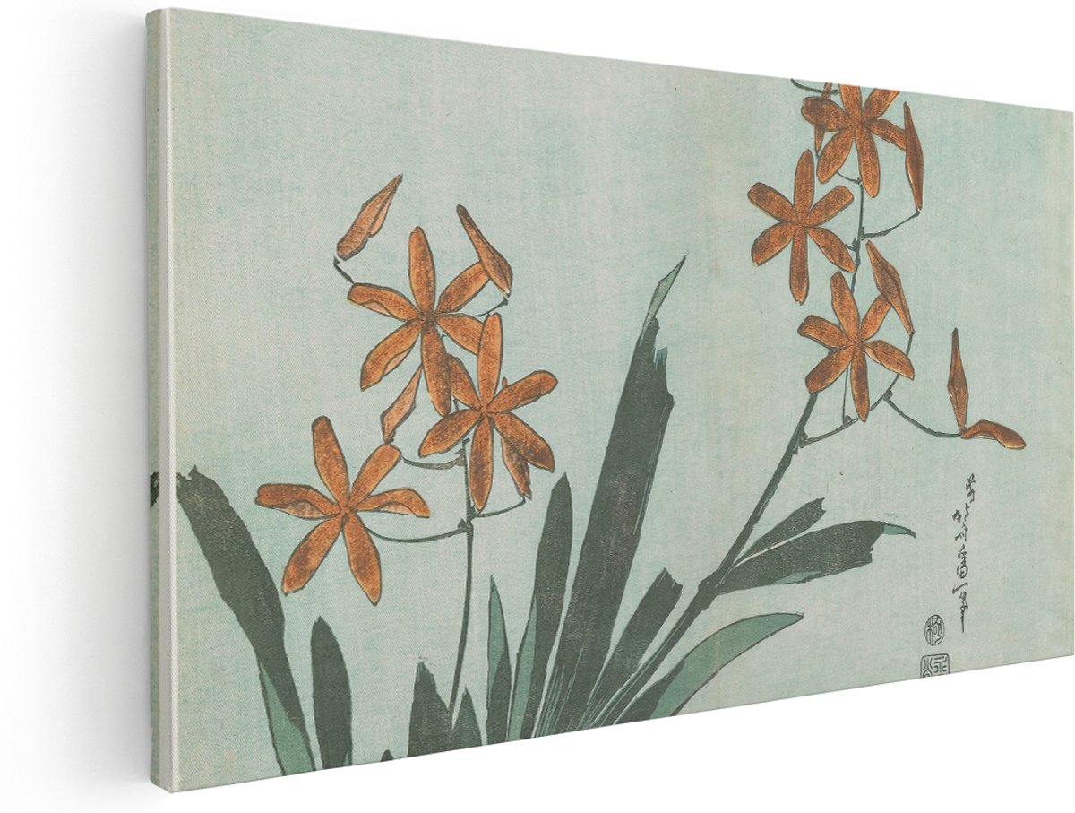 Artaza Canvas Schilderij Japandi Bloemen - 180x90 cm - Groot - Wanddecoratie Houtsnede - Muurdecoratie Japans - Kamer Accessoires Oranje