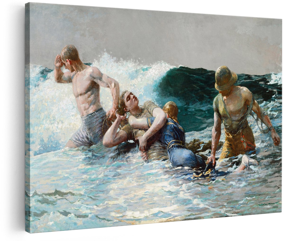 Artaza Canvas Schilderij Zee - 180x120 cm - Groot - Wanddecoratie Reddingsactie Golven - Muurdecoratie Winslow Homer - Klassieke Schilderijen Strand