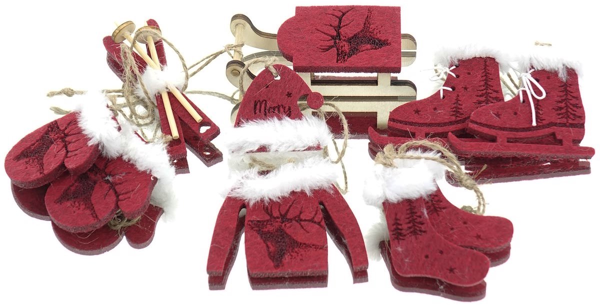 Gasper Kersthangers Wintersport Rood 6-delige Set - Vilt & Hout