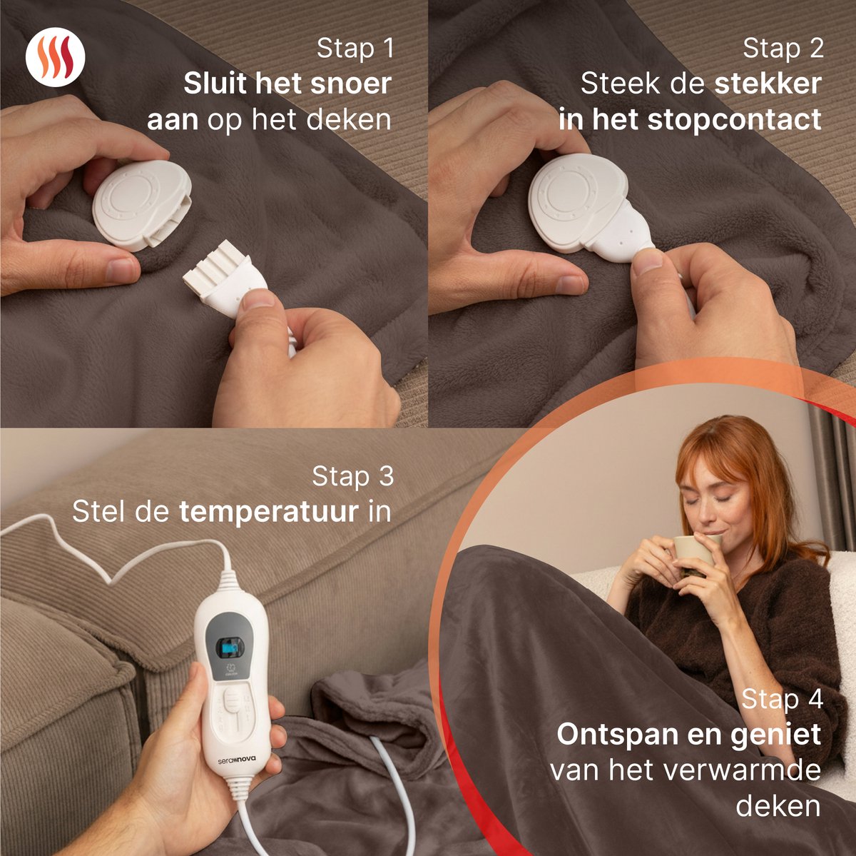 Seranova Elektrische Deken - 160x120 cm - 1 Persoons Warmtedeken - Dubbelzijdig Fleece - Knuffeldeken - Kastanjebruin – foto 3