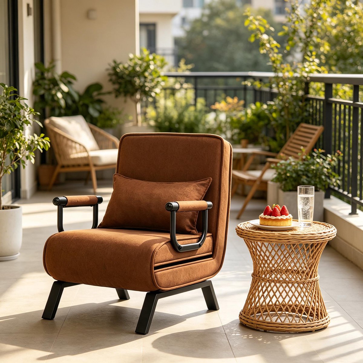 MODENUIT Fauteuil 65 x 78 x 75 cm - Verstelbare Rugleuning Met 5 Standen - Voor Woonkamer - Stof - Bruin