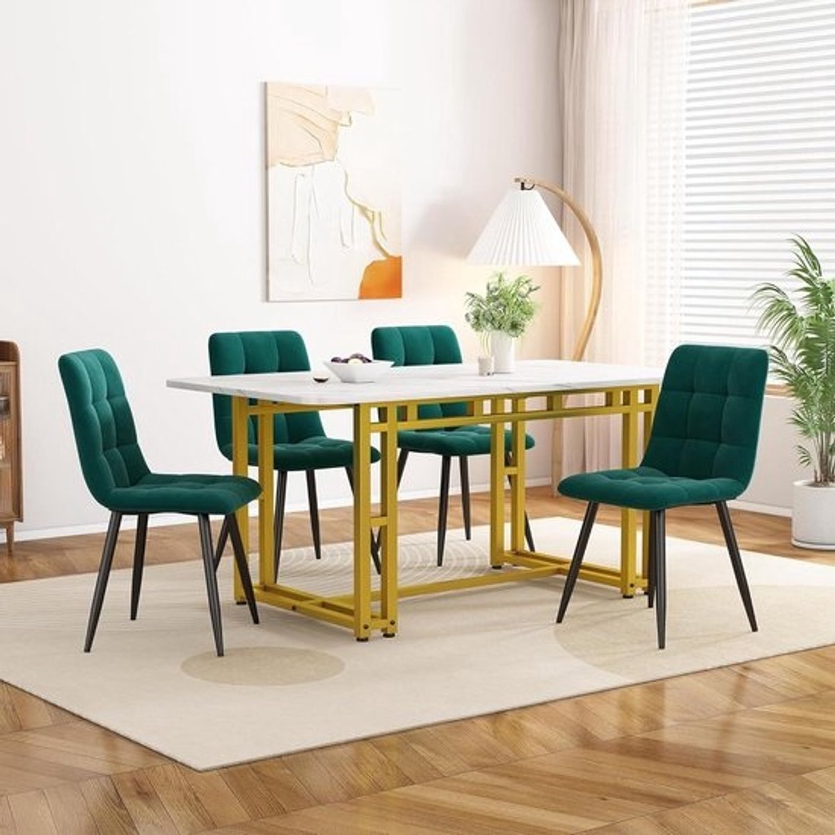 Eettafel met 4 Stoelen - Keukentafel Set - Gezellig Tafelen - Gouden Metalen Poten - 120x70cm - Donkergroen