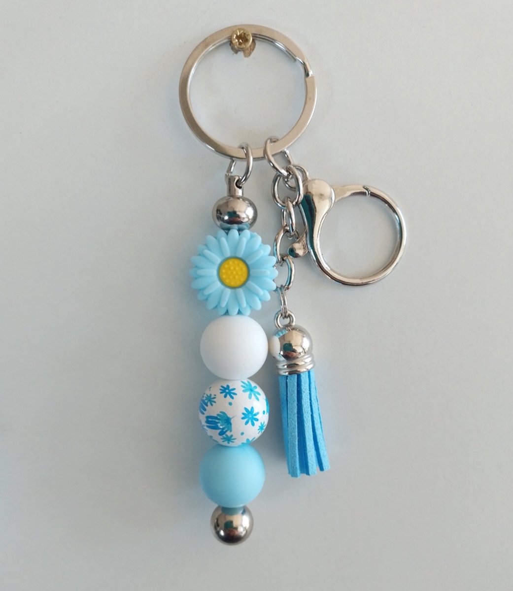 Sleutelhanger, tashanger met kralen en kwastje | bloem | blauw