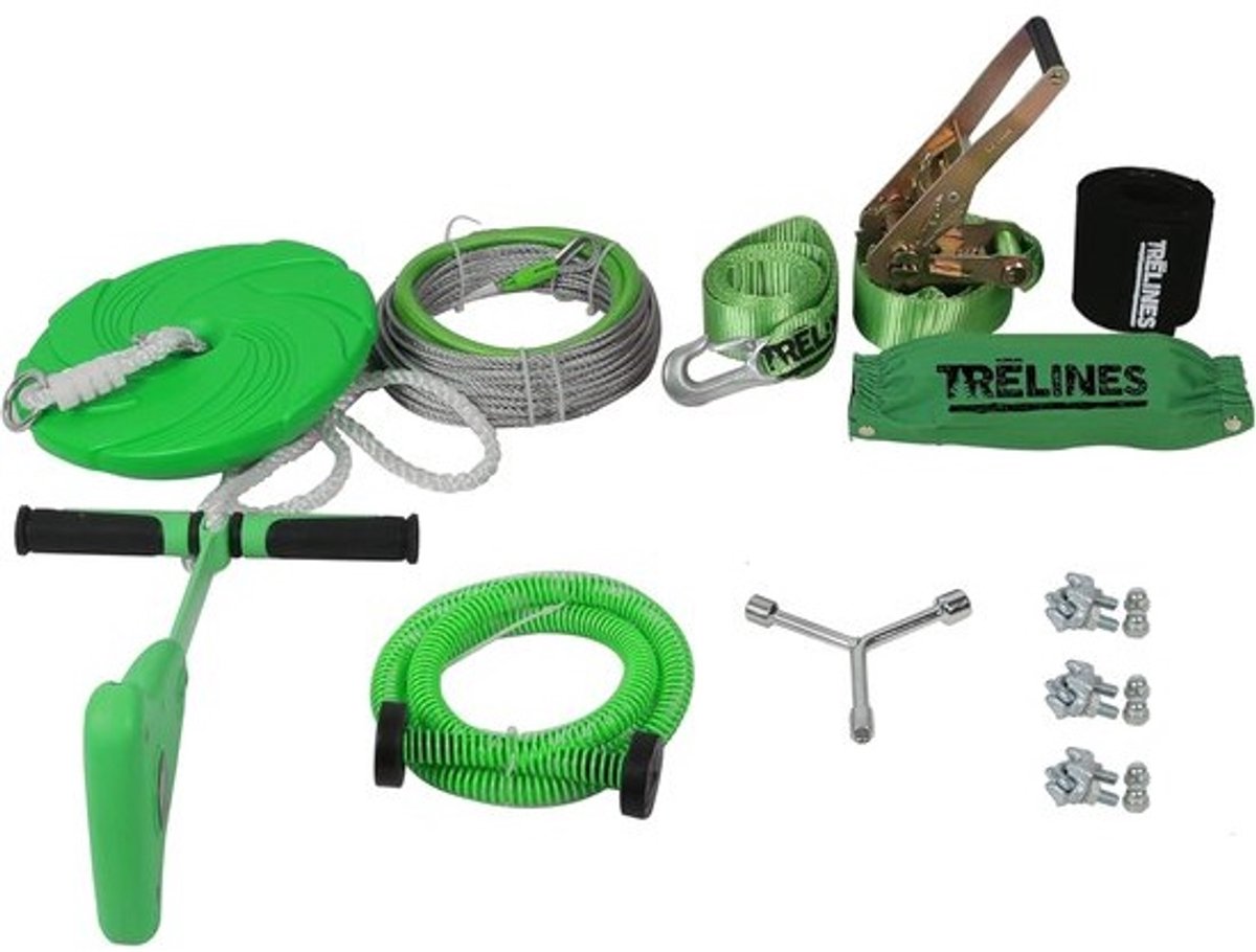 Kabelglijbaan met rem - Zipline set - Buiten spelen - Snelle montage systeem - 30 meter kabel - Groen zwart