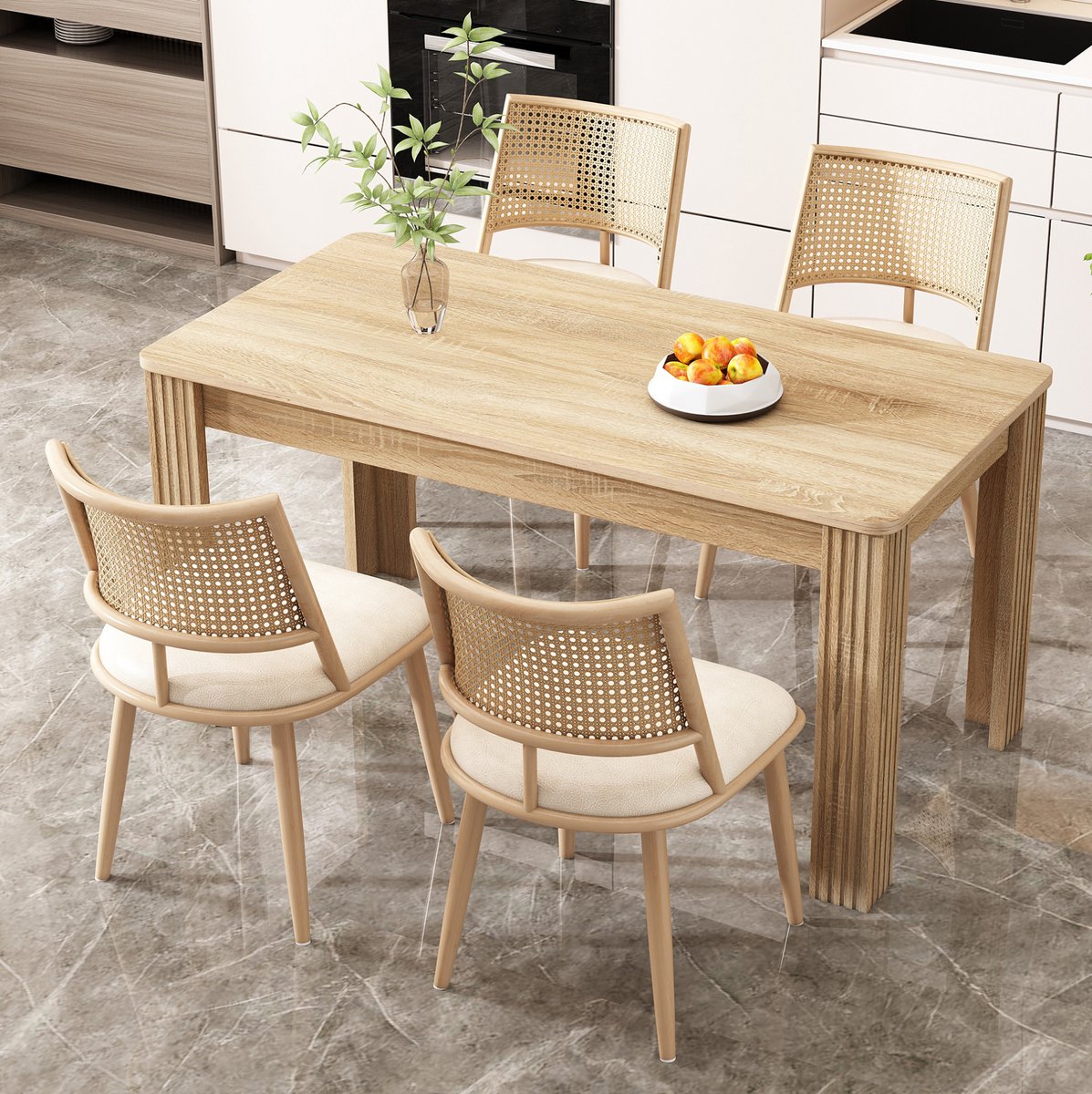 Wishdor Eetkamerstoelen set van 4 - Rattan rugleuning en PU-zitting - Metalen vierpoot - Landelijke stijl - Eetkamer woonkamer voor volwassenen - Beige