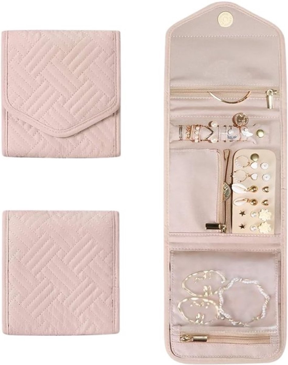 Sieraden Opberger - Reis Etui - Sieraden Georganiseerd - Compact Portemonnee Model - 15 x 15 cm - Roze