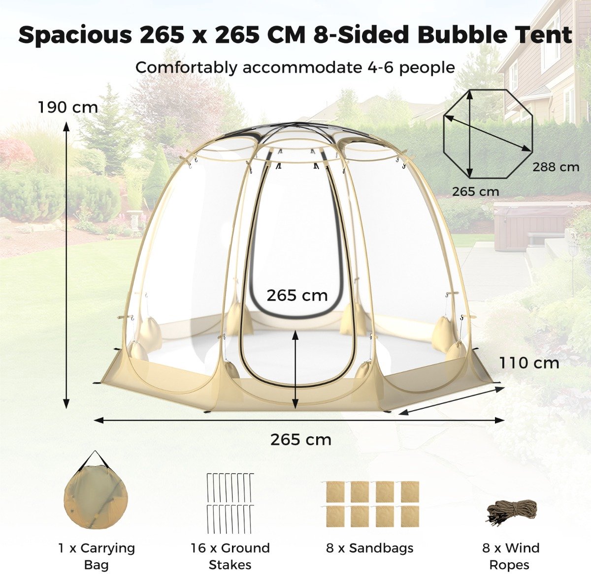 SureDeal® - Kamper - Transparant PVC Tent - Personen - 265x265x190 cm - Beige
