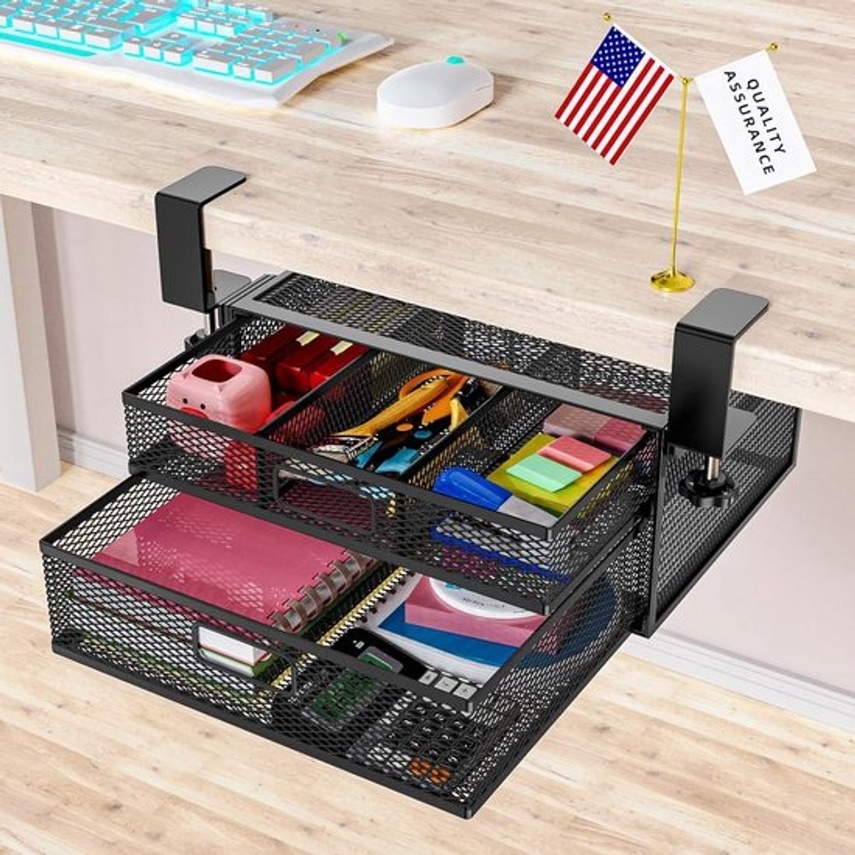 Onder Bureau Lade - Opberg Lade Organizer - Thuis Kantoor Opslag - Geen Boren Klem - 21x25x13 cm - Zwart
