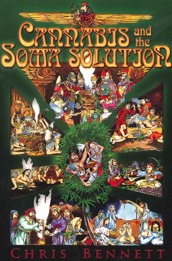 Boekomslag van 'Cannabis and the Soma Solution' met een centraal groen krans van cannabisbladeren en scènes uit de oudheid.