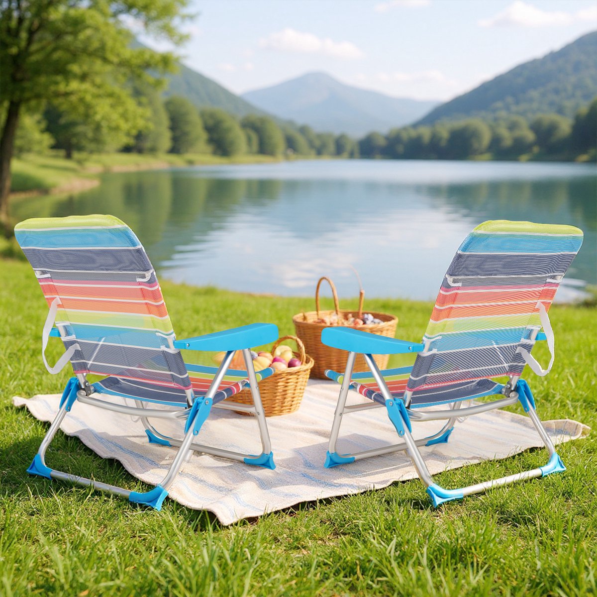 SureDeal® - Kamper - 2-delige Strandstoel Opvouwbare - Posities Verstelbare Rugleuning - Armleuningen Kleurrijk - 64x64x83 cm - Zoals afgebeeld