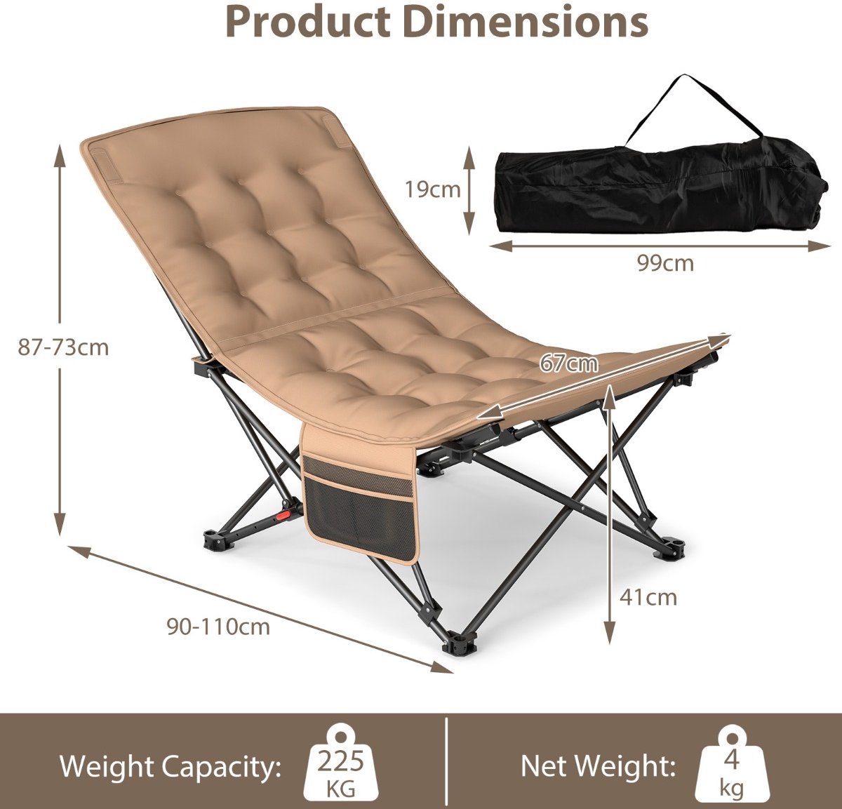 SureDeal® - Kamper - Opvouwbare Campingstoel - Verstelbare Rugleuning - Draagvermogen Klapstoel Kaki - 67x90x110 cm - Khaki