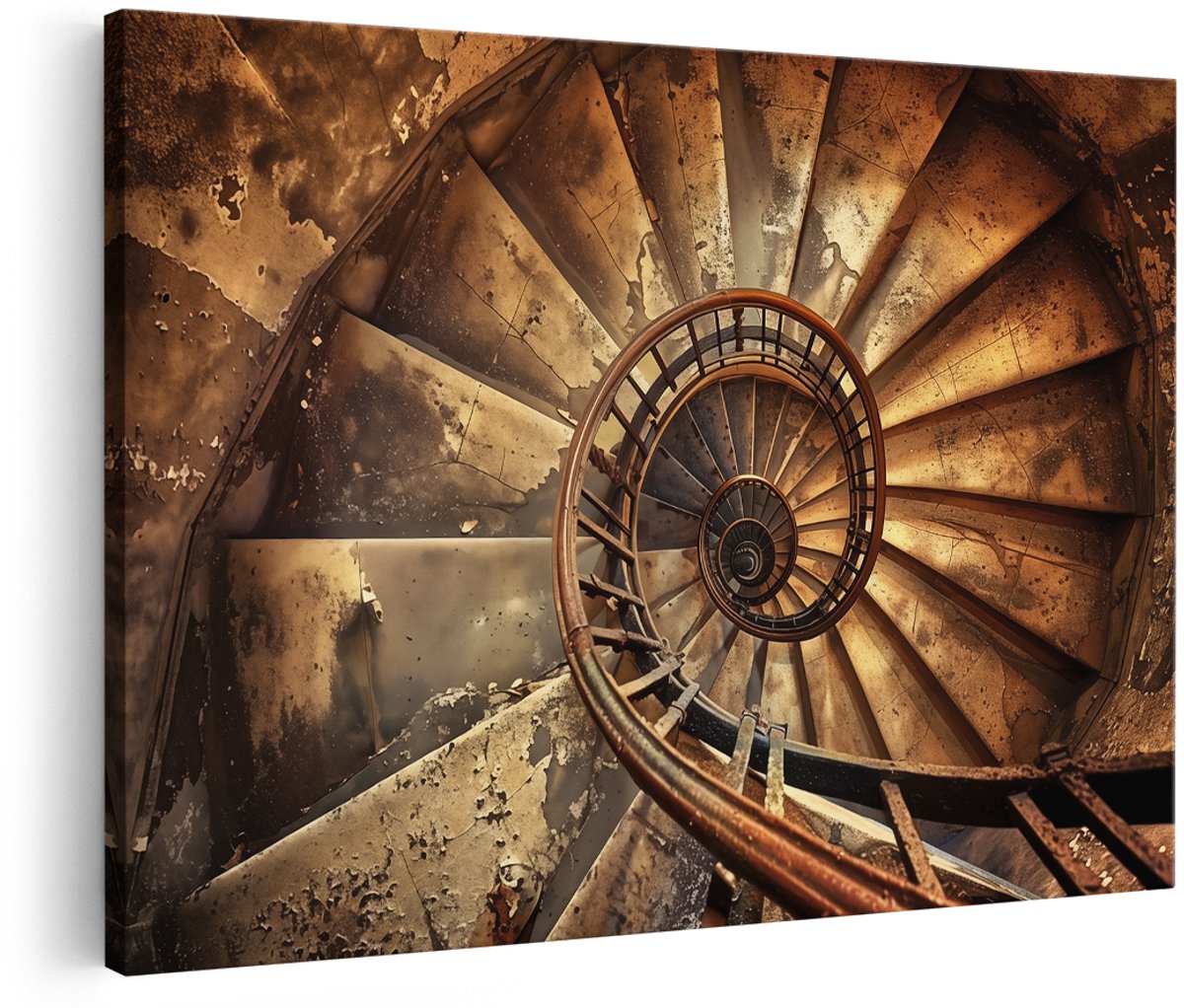 Artaza Canvas Schilderij Wenteltrap in een Oud Gebouw - 150x100 cm - Groot - Wanddecoratie Woonkamer - Schilderijen - Muurdecoratie
