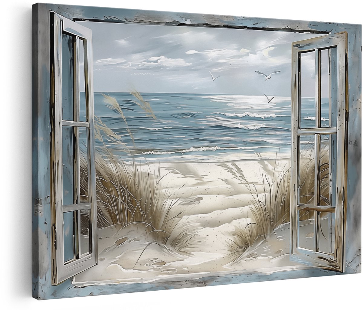 Artaza Canvas Schilderij Open Raam met Meeuwen en Zand - Zee - 150x100 cm - Groot - Wanddecoratie Woonkamer - Schilderijen - Muurdecoratie