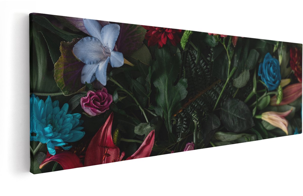 Artaza Canvas Schilderij Kleurrijke Bloemen Met Groene Bladeren - 150x50 cm - Groot - Wanddecoratie Woonkamer - Schilderijen - Muurdecoratie