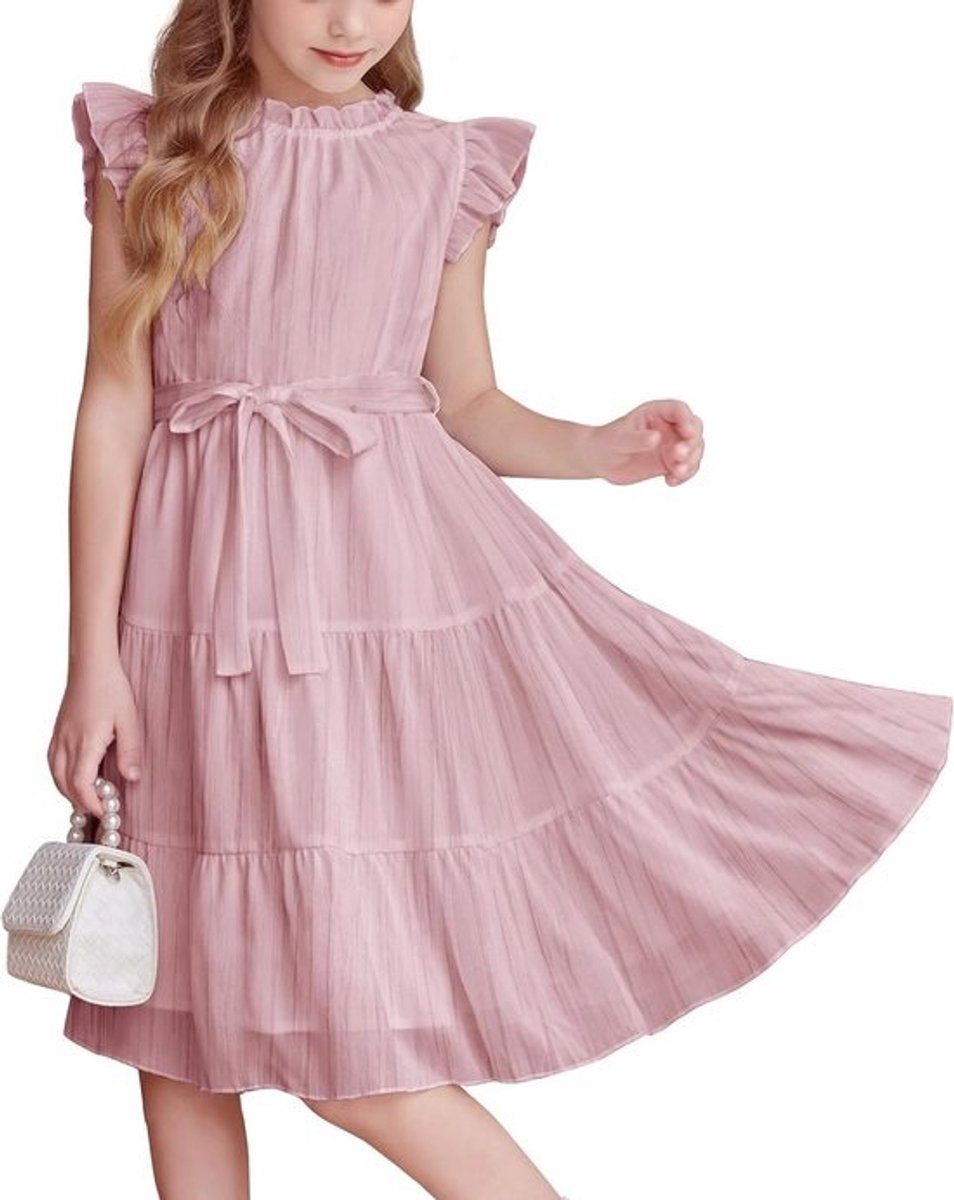 Elegante Meisjes Jurk Chiffon Zomer Jurk met Ruches en Riem Feestelijk A-Lijn Kleding 5-13 Jaar