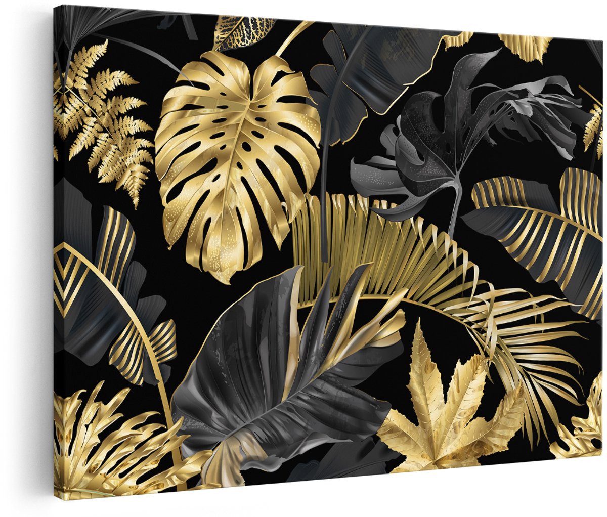 Artaza Canvas Schilderij Gouden Tropische Bladeren - 150x100 cm - Groot - Wanddecoratie Woonkamer - Schilderijen - Muurdecoratie