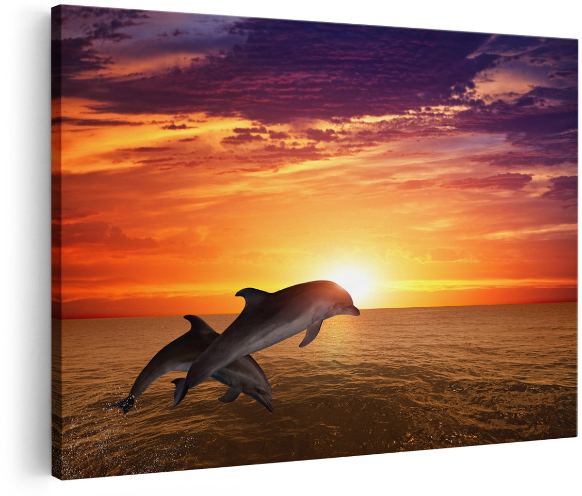 Artaza Canvas Schilderij Twee Dolfijnen bij de Zonsondergang - 150x100 cm - Groot - Foto Op Canvas - Wanddecoratie Woonkamer