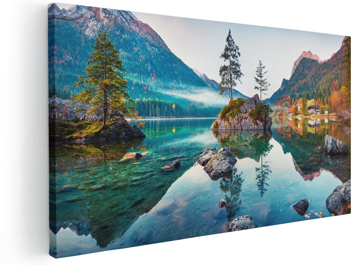 Artaza Canvas Schilderij Meer In De Bergen Tijdens De Herfst - 140x70 cm - Groot - Wanddecoratie Woonkamer - Schilderijen - Muurdecoratie