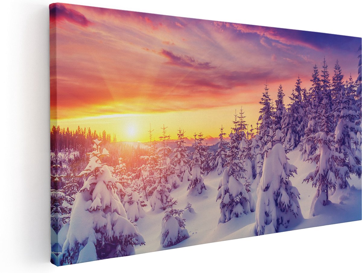 Artaza Canvas Schilderij Zonsondergang In Het Sneeuw Bos - 140x70 cm - Groot - Wanddecoratie Woonkamer - Schilderijen - Muurdecoratie