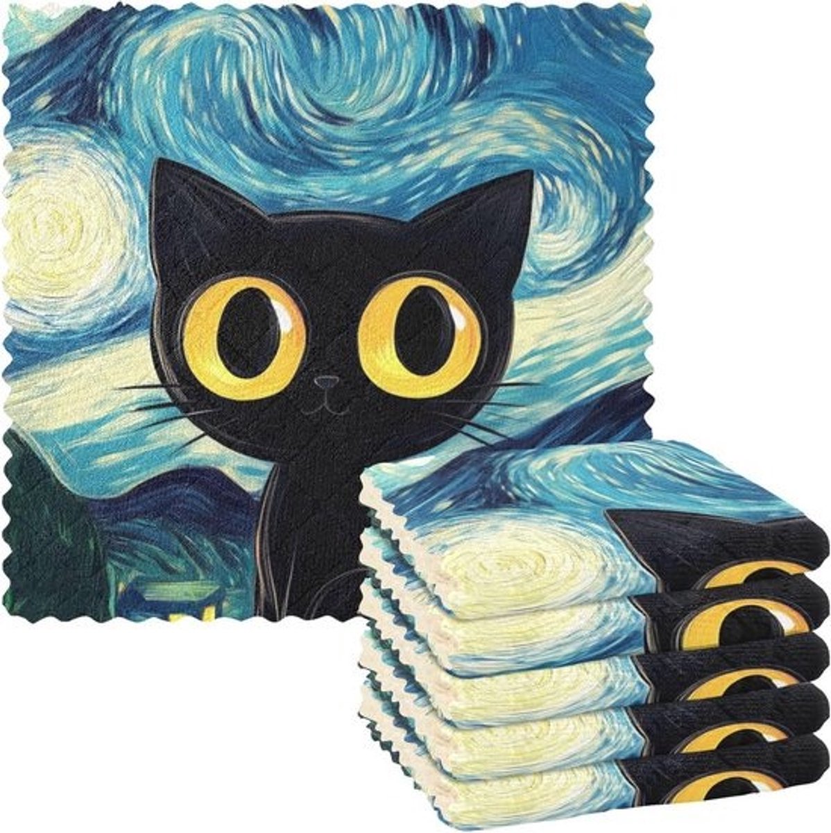 Zwarte Kat keukenhanddoeken en vaatdoeken sets - 28 x 28 cm - Microvezel - Absorberend - Sneldrogend - Machine-wasmachine en droogkastbestendig