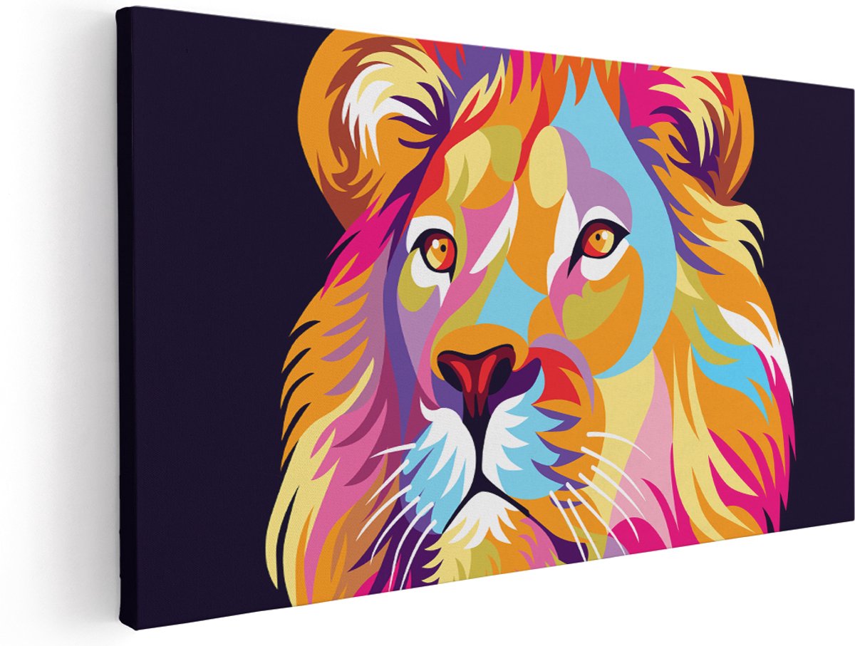 Artaza Canvas Schilderij Gekleurde Leeuw - Leeuwenkop - Abstract - 140x70 cm - Groot - Wanddecoratie Woonkamer - Schilderijen - Muurdecoratie