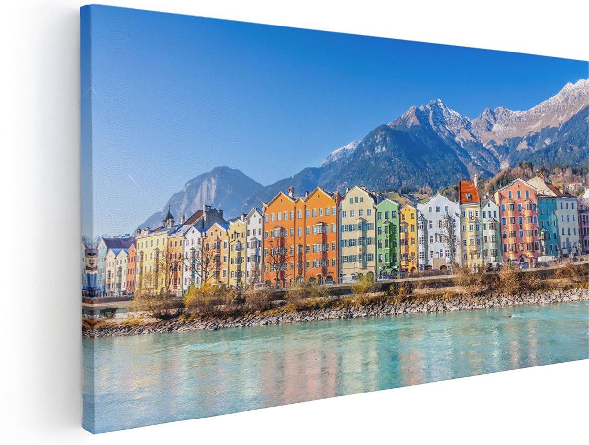 Artaza Canvas Schilderij Gekleurde Huisjes in Innsbruck, Oostenrijk - 140x70 cm - Groot - Wanddecoratie Woonkamer - Schilderijen - Muurdecoratie