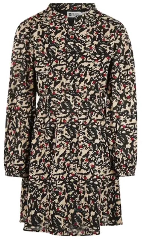 Gele, beige en zwarte jurk met rode accenten. Abstracte print. Lange mouwen en knoopjes.