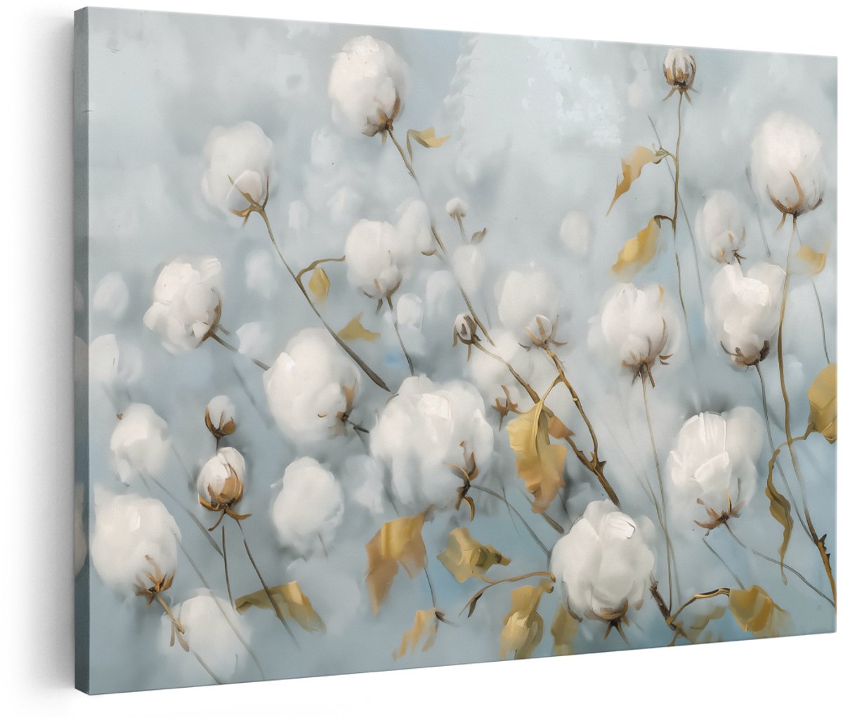 Artaza Canvas Schilderij Wit Katoen in een Veld - 150x100 cm - Groot - Wanddecoratie Woonkamer - Schilderijen - Muurdecoratie