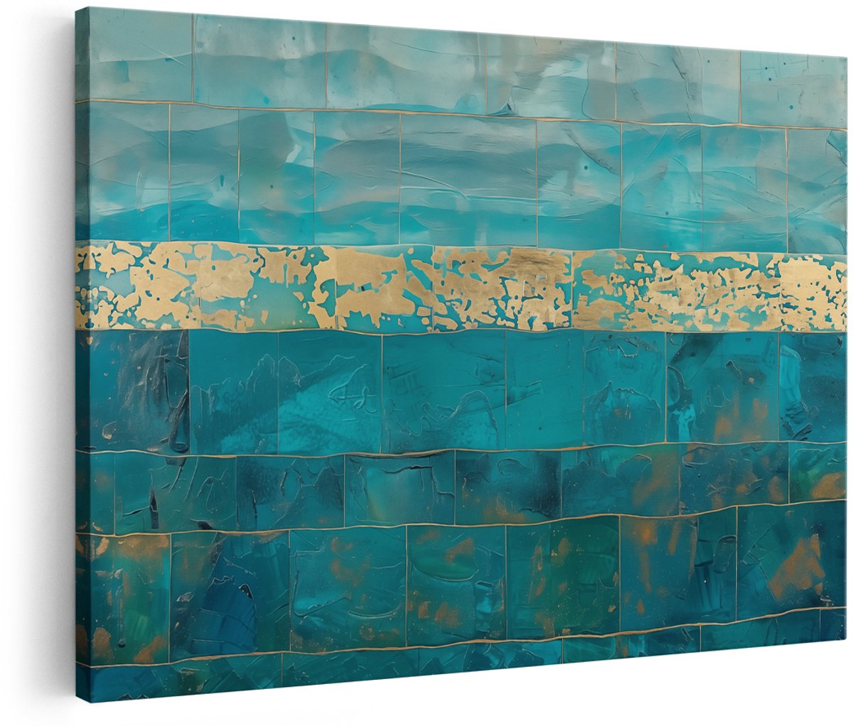 Artaza Canvas Schilderij Blauw en Goud Betegelde Muur - 150x100 cm - Groot - Wanddecoratie Woonkamer - Schilderijen - Muurdecoratie