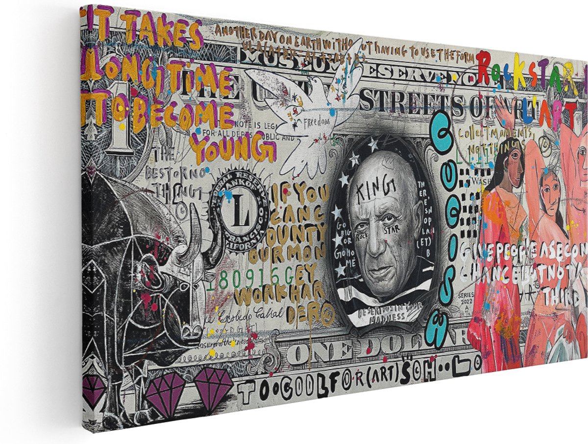 Artaza Canvas Schilderij Dollar - 140x70 cm - Groot - Wanddecoratie Picasso - Muurdecoratie Graffiti - Schilderijen Op Canvas Kleurrijk