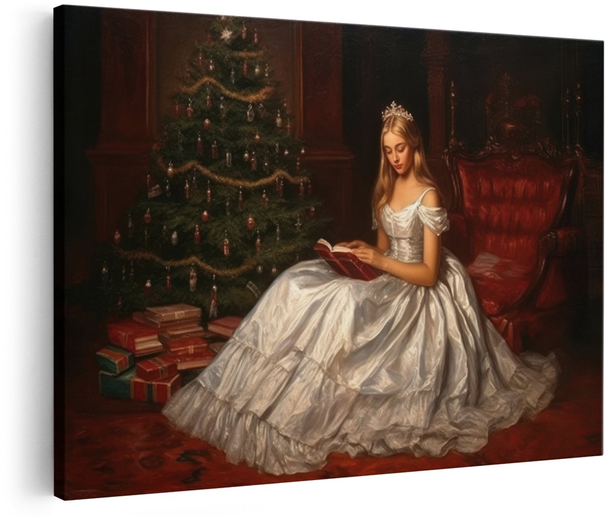 Artaza Canvas Schilderij Prinses Met Kerstboom - 150x100 cm - Groot - Wanddecoratie Vintage - Muurdecoratie Romantisch - Decoratie Woonkamer