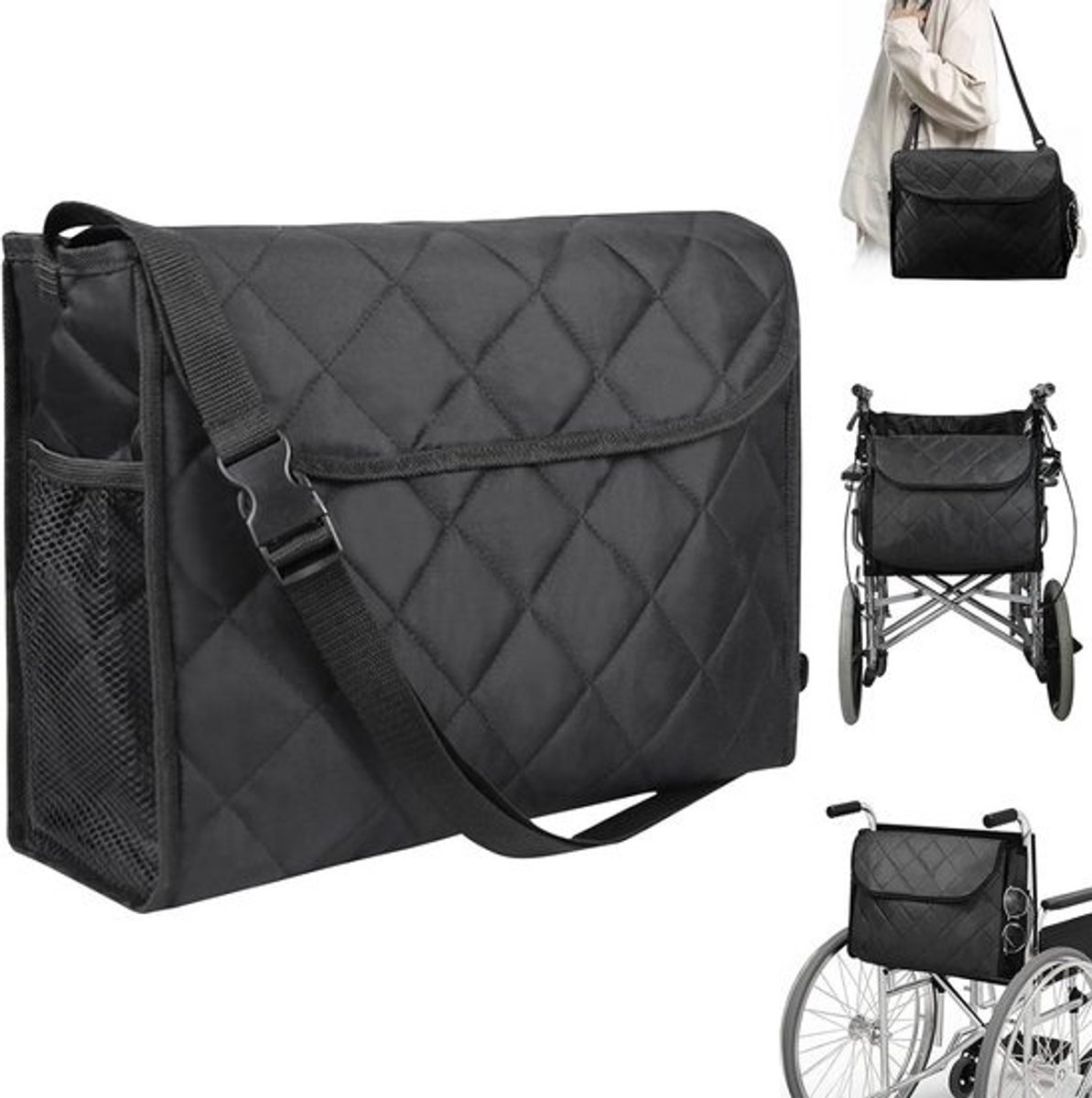 Waterdichte Universele Zwarte Tas voor Rolstoel en Rollator - Grote Opbergcapaciteit (39x29x15 cm)