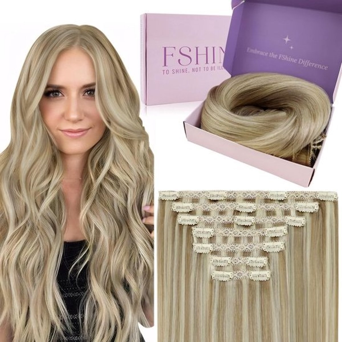 Echte Menselijke Clip-In Haarverlenging 16 Inch Recht Haarstukken Donker Asblond Highlights