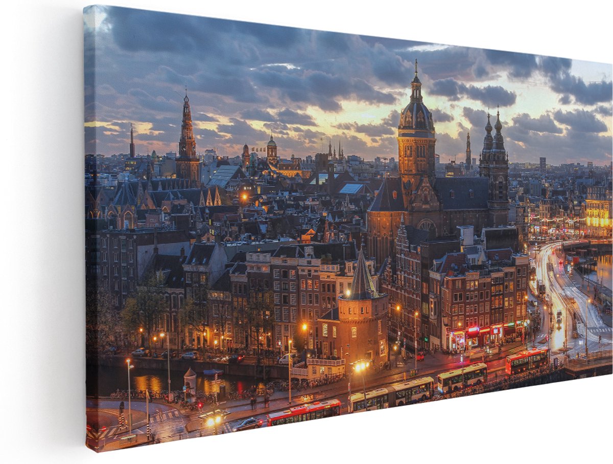 Artaza Canvas Schilderij Amsterdam Centrum Luchtfoto Zonsondergang - 180x90 cm - Groot - Wanddecoratie Woonkamer - Schilderijen - Muurdecoratie