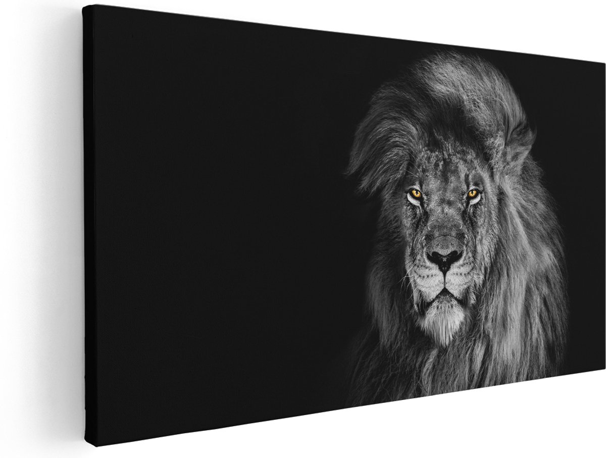 Artaza Canvas Schilderij Leeuw Met Oranje Ogen - Zwart Wit - 180x90 cm - Groot - Wanddecoratie Woonkamer - Schilderijen - Muurdecoratie