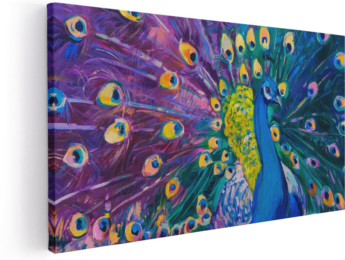 Artaza Canvas Schilderij Pauw Met Kleurrijke Veren Van Olieverf - Abstract - 180x90 cm - Groot - Wanddecoratie Woonkamer - Schilderijen - Muurdecoratie