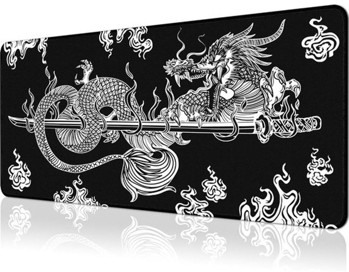 Grote Gaming Muismat met Japanse Draak Design - 80 x 30 cm - Antislip Rubberen Basis - Gestikte Rand - Waterafstotend - Voor Muis en Toetsenbord