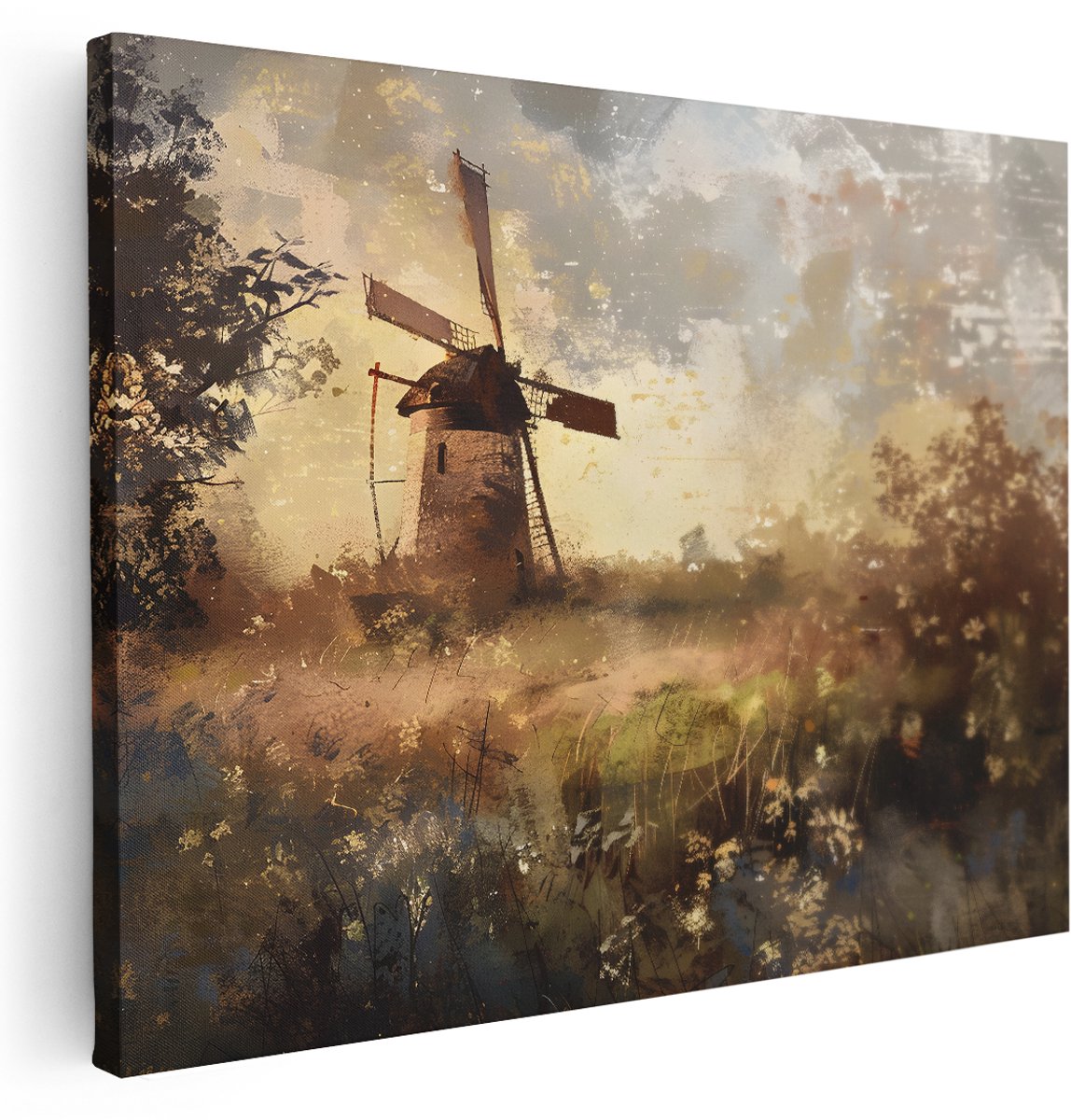 Artaza Canvas Schilderij Zonsondergang - 160x120 cm - Groot - Wanddecoratie Molen Landschap - Muurdecoratie Natuur - Decoratie Woonkamer