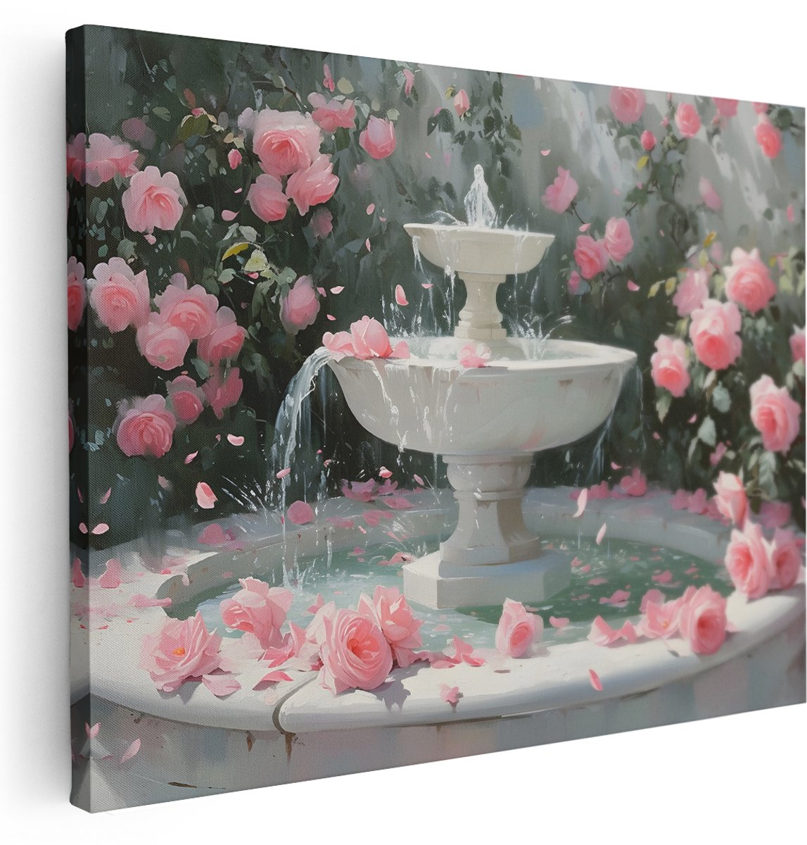 Artaza Canvas Schilderij Roze Rozen - 160x120 cm - Groot - Wanddecoratie Fontein - Muurdecoratie Bloemen - Romantische Tuin - Vintage