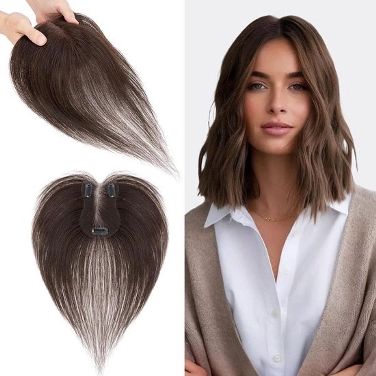 Echt Haar Topper met Zijwaartse Pony 28cm - Clip-in Remy Menselijk Haarstuk Donkerbruin
