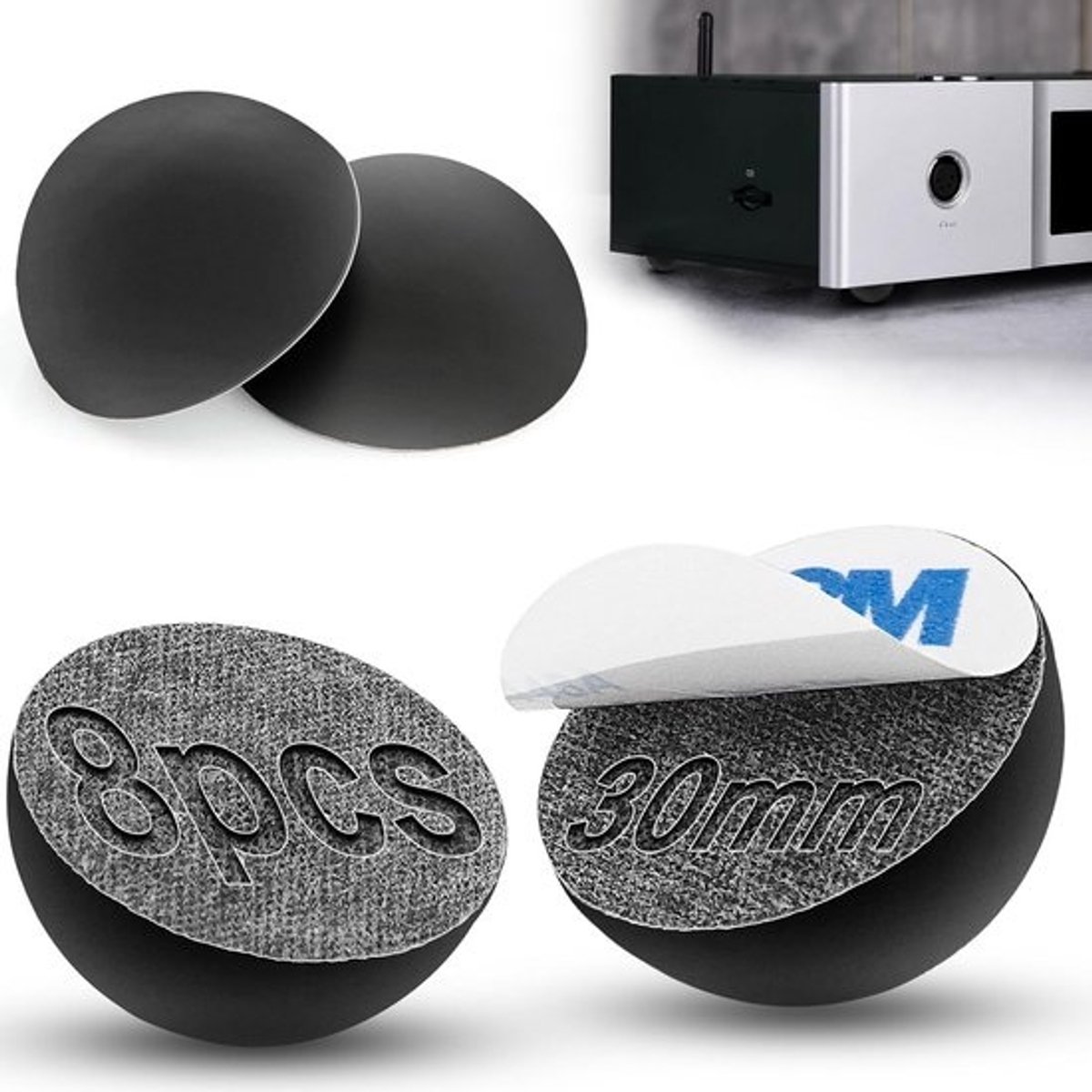 8x Zelfklevende Rubber Voetjes 30mm Zwart voor Luidsprekers, Elektronica & Meubels