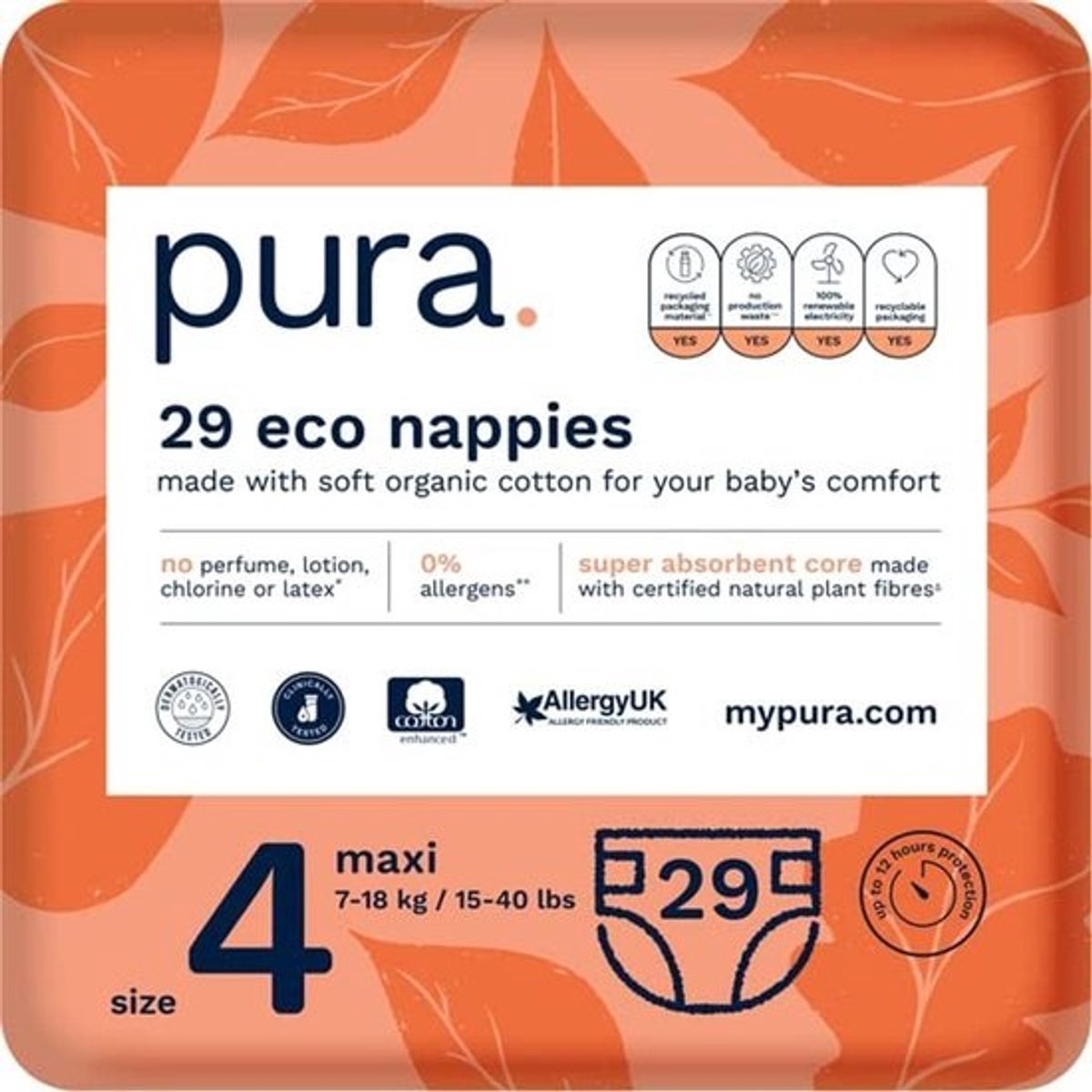 Pura Premium Eco Baby Luiers Size 4 (Maxi 7-18 kg) - 29 stuks - EU Ecolabel - Biologische Katoen - 12 uur Leesbescherming
